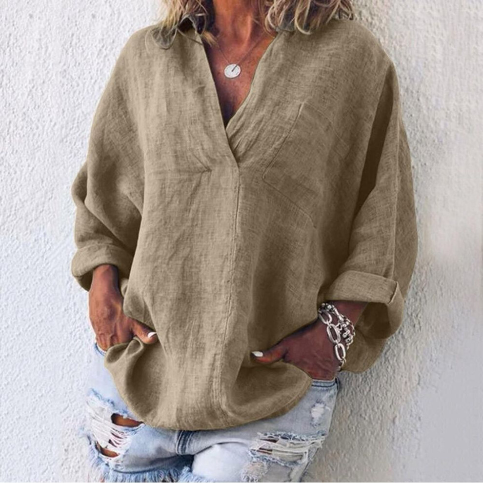 (XL, khaki) Boho Womens Long Sleeve Cotton Linen Kaftan Ladies Baggy Blouse Tee Shirt Tops