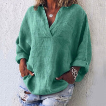 (XXL, green) Boho Womens Long Sleeve Cotton Linen Kaftan Ladies Baggy Blouse Tee Shirt Tops