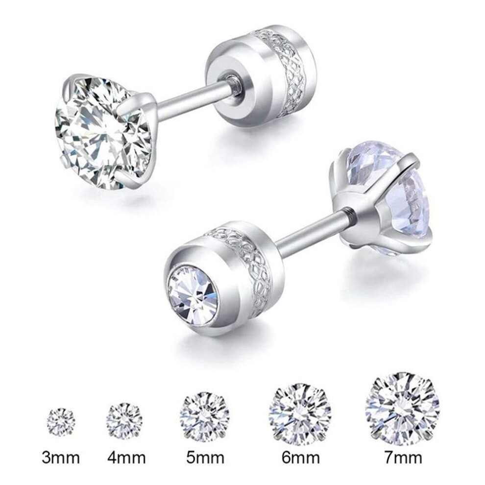 (silver, 7mm) 1pc Stainless Steel Double Zircon Korean Earrings Women Screw Ear Stud