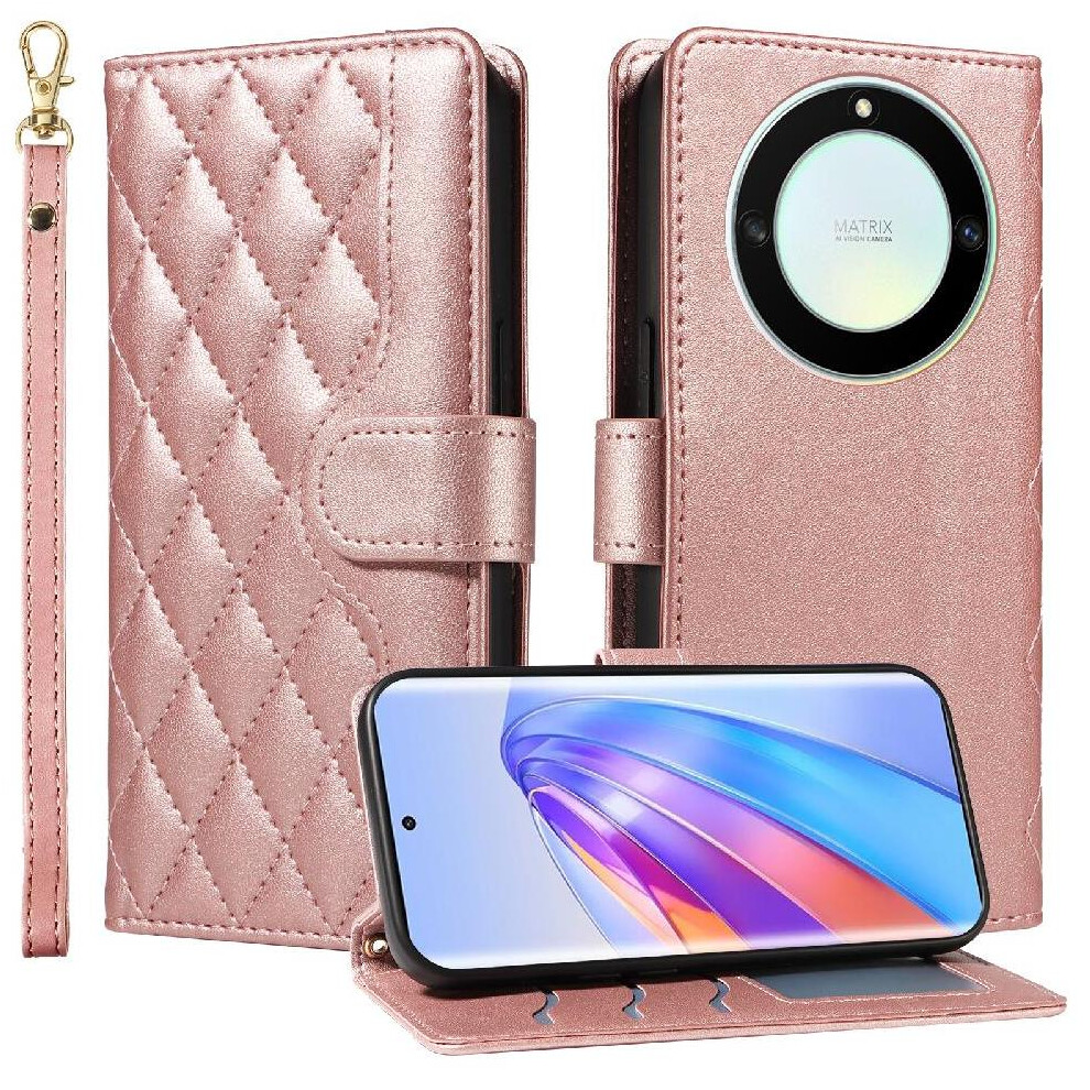 (Pink) Flip Case For Honor X9a Wallet Card Slots Lattice Flip Folio Phone Case With Stand Detachable Wrist Strap And Long Lanyard Pink 764490311991
