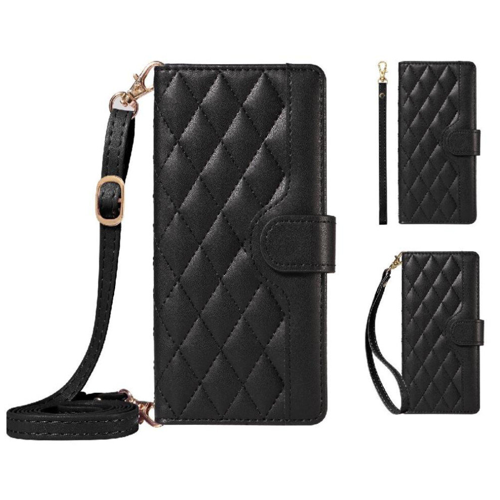 (Black) Flip Case For Honor X9a Wallet Card Slots Lattice Flip Folio Phone Case With Stand Detachable Wrist Strap And Long Lanyard Black 764490312004