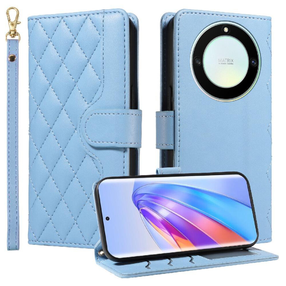 (Blue) Flip Case For Honor X9a Wallet Card Slots Lattice Flip Folio Phone Case With Stand Detachable Wrist Strap And Long Lanyard Blue 764490312042