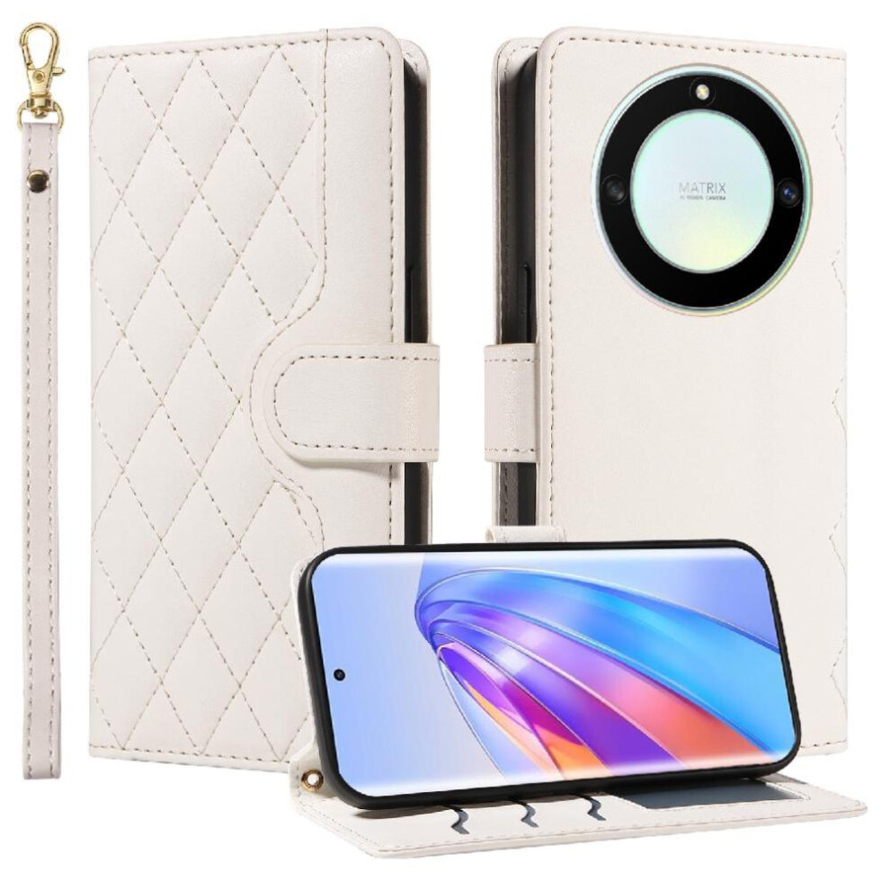 (White) Flip Case For Honor X9a Wallet Card Slots Lattice Flip Folio Phone Case With Stand Detachable Wrist Strap And Long Lanyard White 764490312066