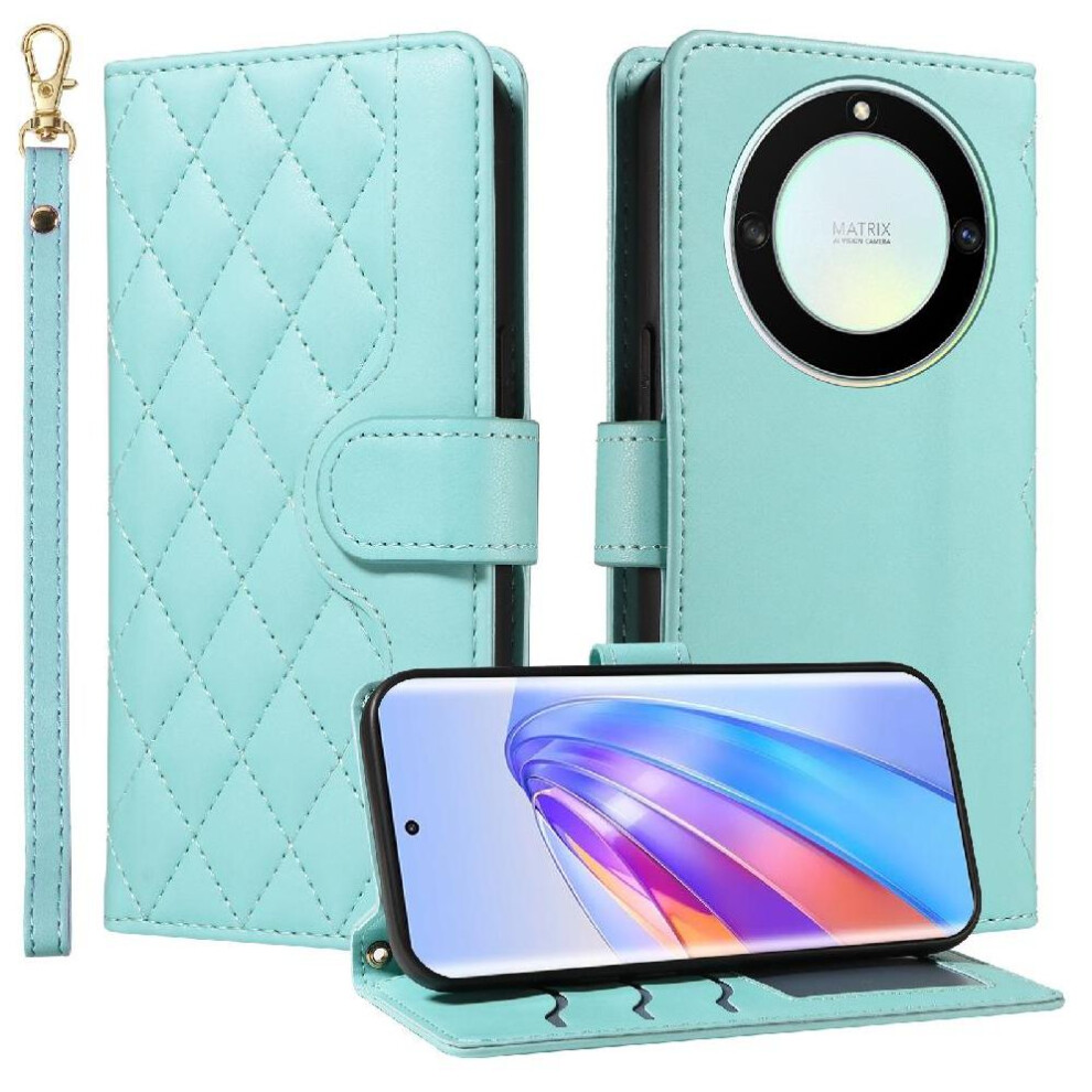 (Green) Flip Case For Honor X9a Wallet Card Slots Lattice Flip Folio Phone Case With Stand Detachable Wrist Strap And Long Lanyard Green 764490312059