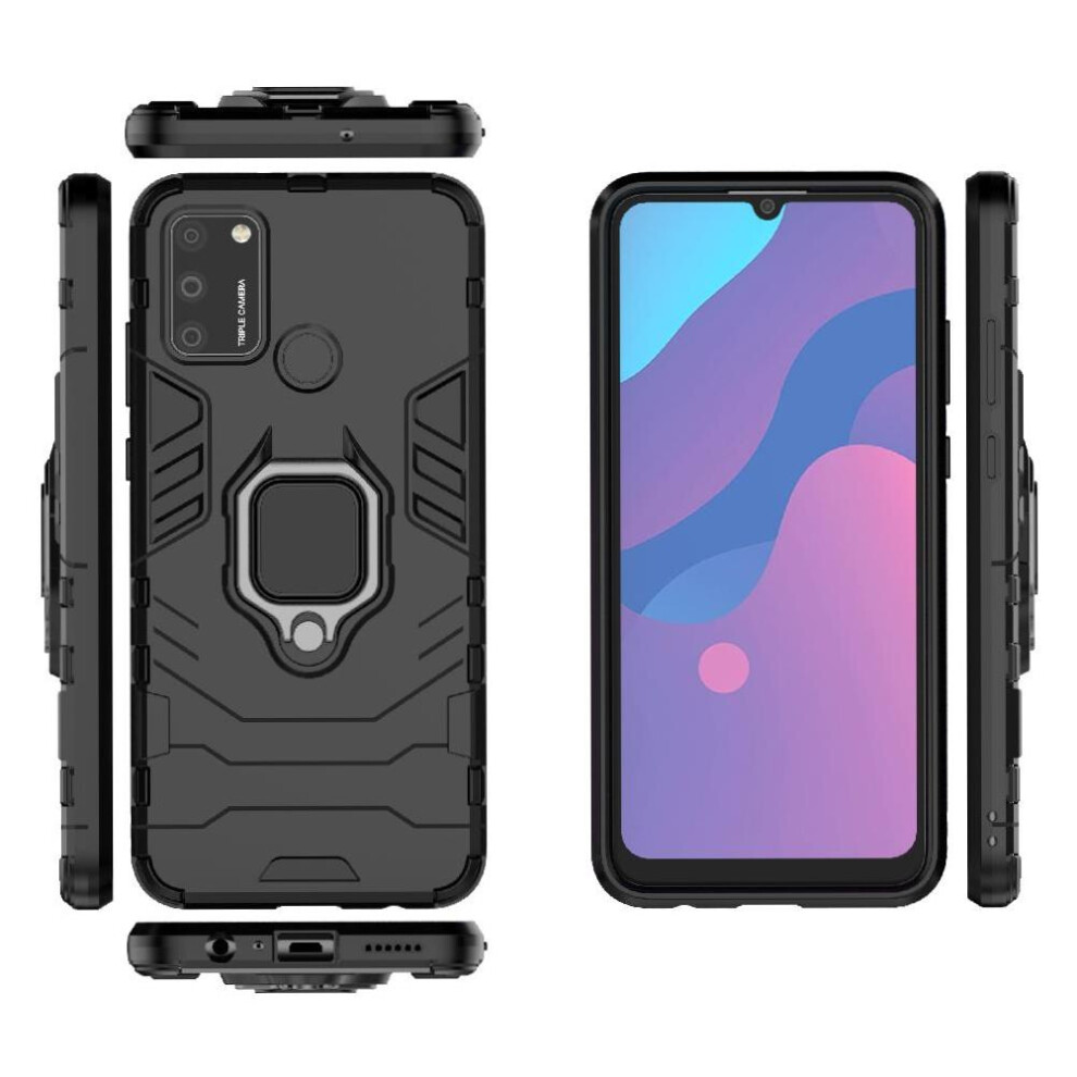 (Black) Ring Car Mount Kickstand Case For Honor 9A Shockproof Metal Ring Holder Kickstand Military Grade Protection Black 764490312714