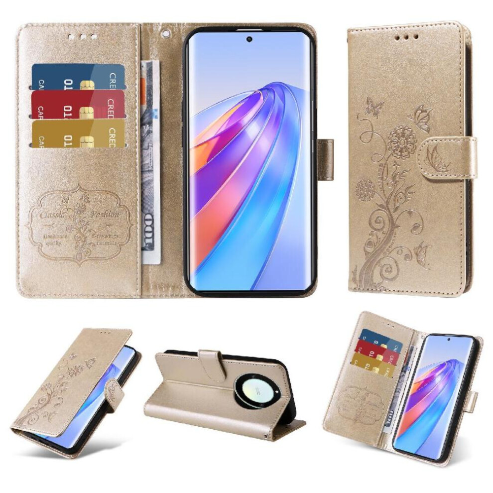 (Gold) Flip Case For Honor X9a 5G Flip Flower Cardslots Leather Gold 764490312783