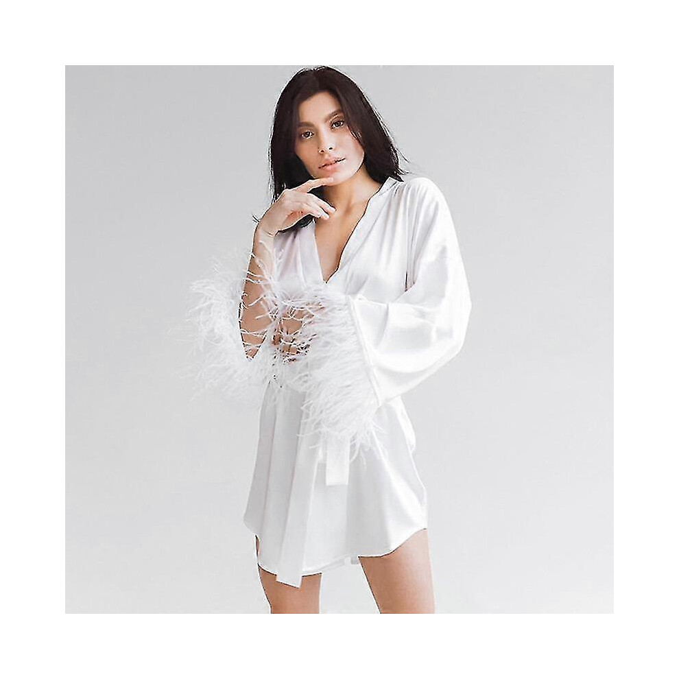 (M, White) Women's Silk Robe Fashion Satin Robe Lady Pajamas Black White Nightgown Ostrich Feather Cuff Nightwear 5062994744921