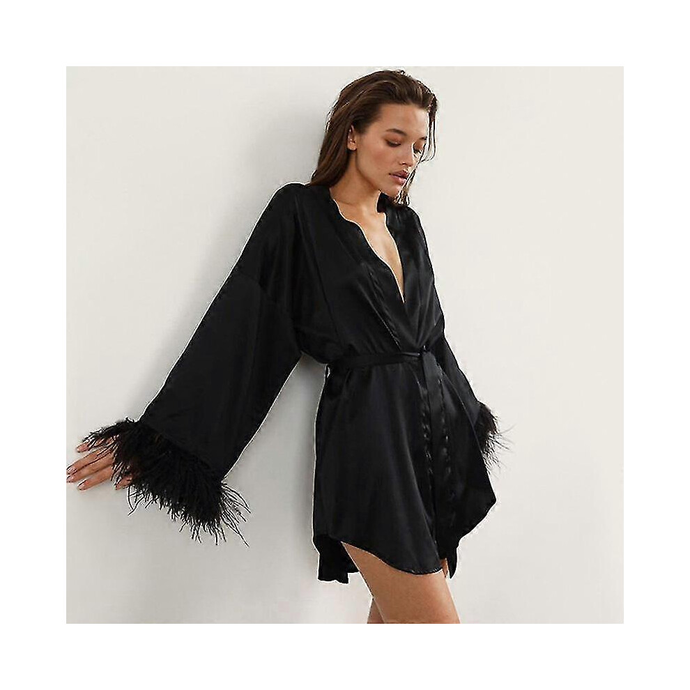 (S, Black) Women's Silk Robe Fashion Satin Robe Lady Pajamas Black White Nightgown Ostrich Feather Cuff Nightwear 5062994744891