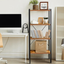 4-storey wooden bookshelf and metal frame bookshelf, modern bookshelf unit for living room, hallway, and office, country brown, 35D x 55W x 138H cm