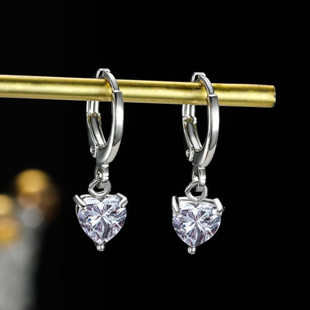 (silver) Exquisite Fashion Heart Love Cubic Zirconia Earrings Lovely Rose Gold Color Dangle Earring for Women