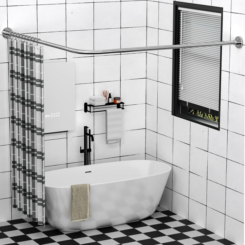 (L-Shape:60-175 x 60-215 cm, L-shape - Silver) L Shaped Shower Curtain Rail, Adjustable (60-133 cm x 180-215 cm), Corner Shower Curtain Rail, Genuine 304 Stainless Steel, Unsagging, Drill-Free
