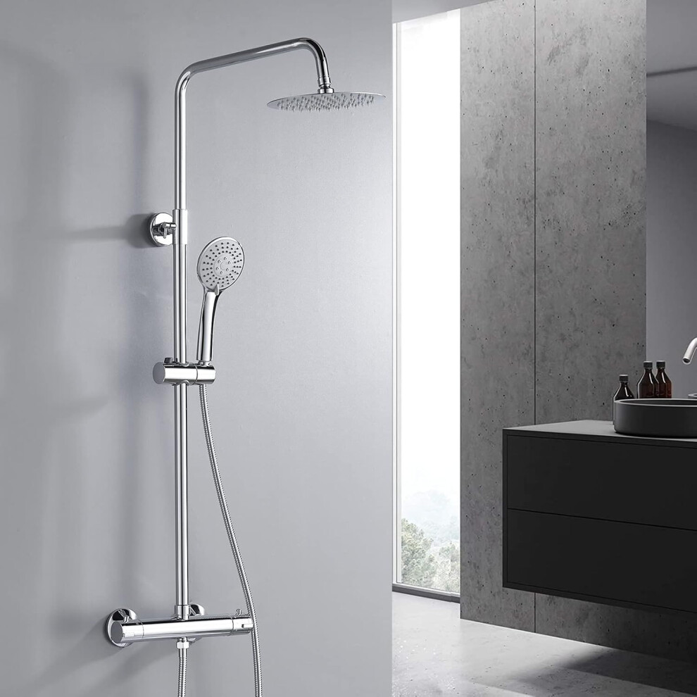(Chrome-Round) Thermostat Shower System, Chrome Thermostatic Shower Mixer Set with Overhead Rain Shower and Handheld Shower, Shower Set