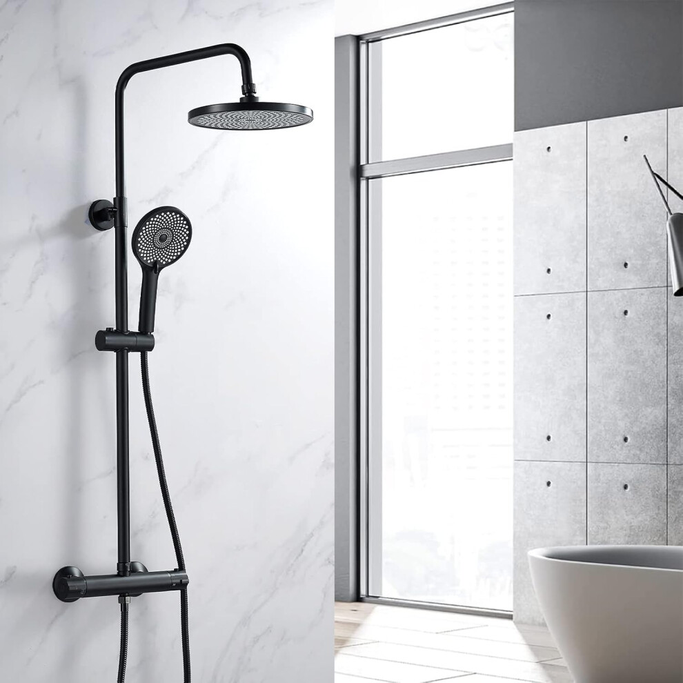 (Black-Round) Thermostat Shower System, Black Adjustable 9" Overhead Rainfall Shower Head, Handheld Shower Head 38 C Thermostatic Shower Mixer Set