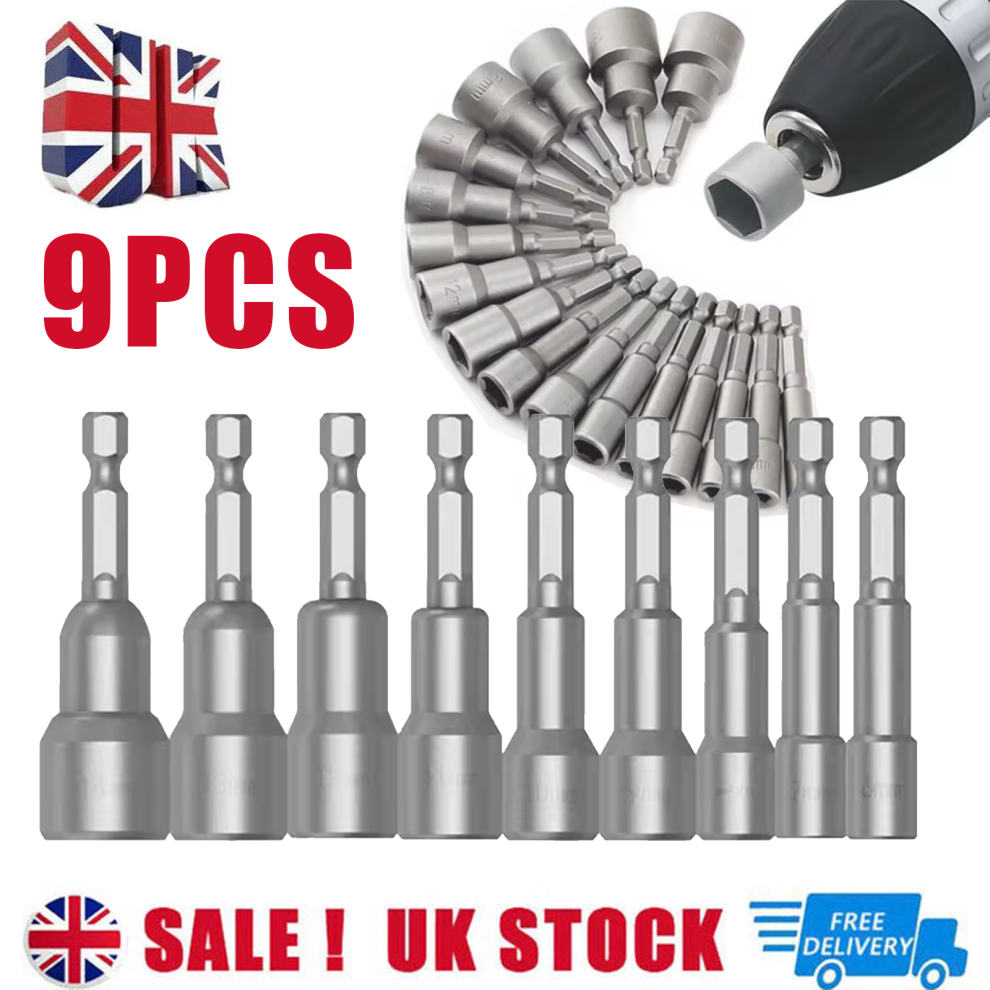 9Pcs Hex Nut Driver Set 6-14mm Socket Impact Drill Bits 1/4" Hand Tool