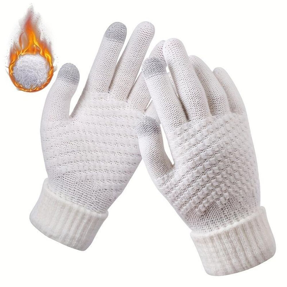 (white) 1pair Winter Touch Screen Gloves, Unisex Warm Elastic Knitted Gloves With Full Finger Thickened Version