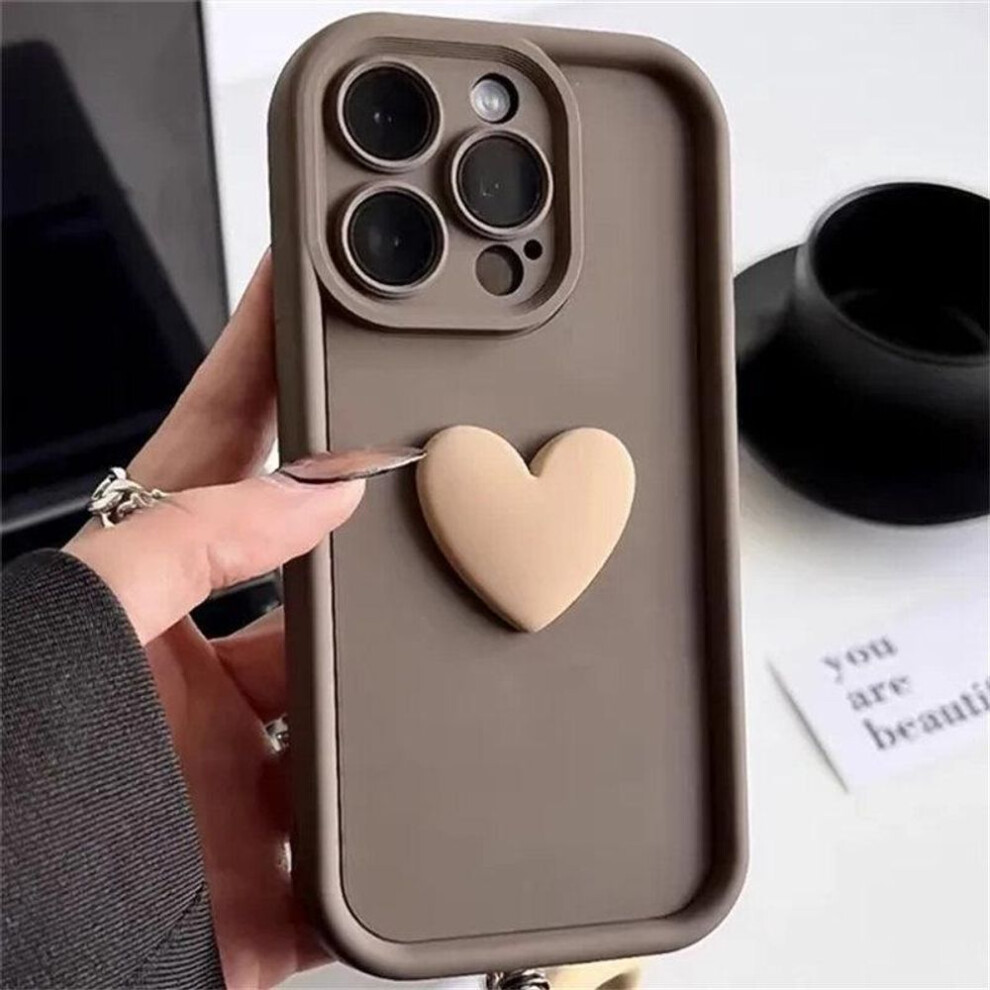 (brown, iPhone 12) Cute INS 3D Love Heart Silicone Phone Case For iPhone 11 12 13 14 15 Pro Max XS XR 7 8 Plus SE 2020 Shockproof Candy Cover