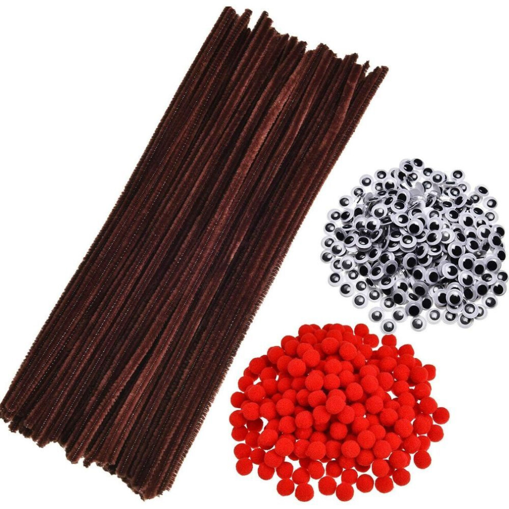 (as the picture, 450Pcs) 750 450 300 Piece Pipe Cleaning Set, including Piece Brown Pipe Cleaner,Chenille Stems,Piece Red Pompons and  Piece Wobble Eyes for Crafting Christmas