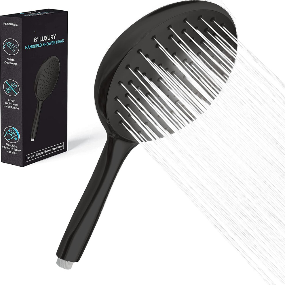 (Midnight Black Matte - Hsh-1pc, 1 Function - 1PC) Handheld Shower Head - 6'' Wide Coverage Rain Shower - No Hassel Tool-Less - 1-Min Installation - Luxury Design Round Shower Head Handheld - Chrome