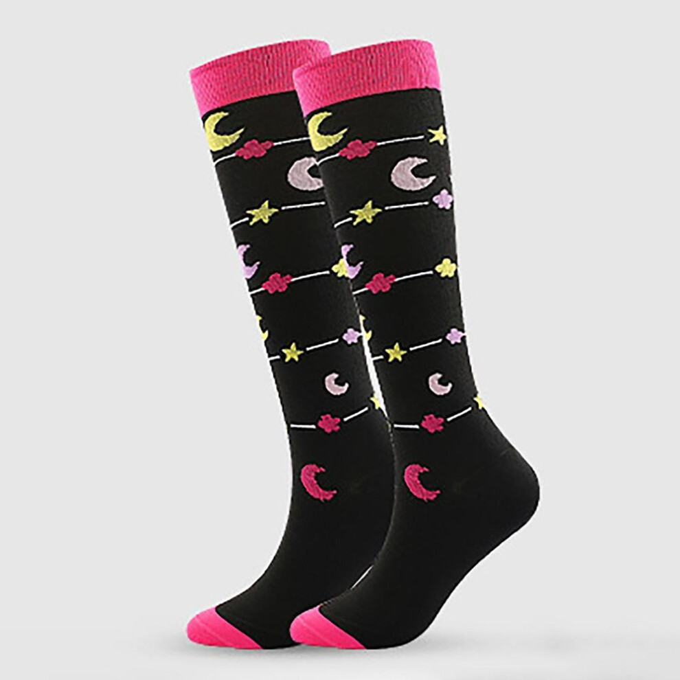 (black, M) [brisand] Women's Absorb Sweat Cartoon  Print Nylon Long Tube Compression Outdoor Sports Socks
