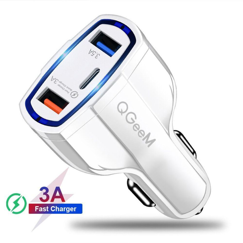 (white, car charger) QGEEM QC 3.0 USB C Car Charger 3-Ports Quick Charge 3.0 Fast Charger for Car Phone Charging Adapter for iPhone Xiaomi Mi 9 Redm