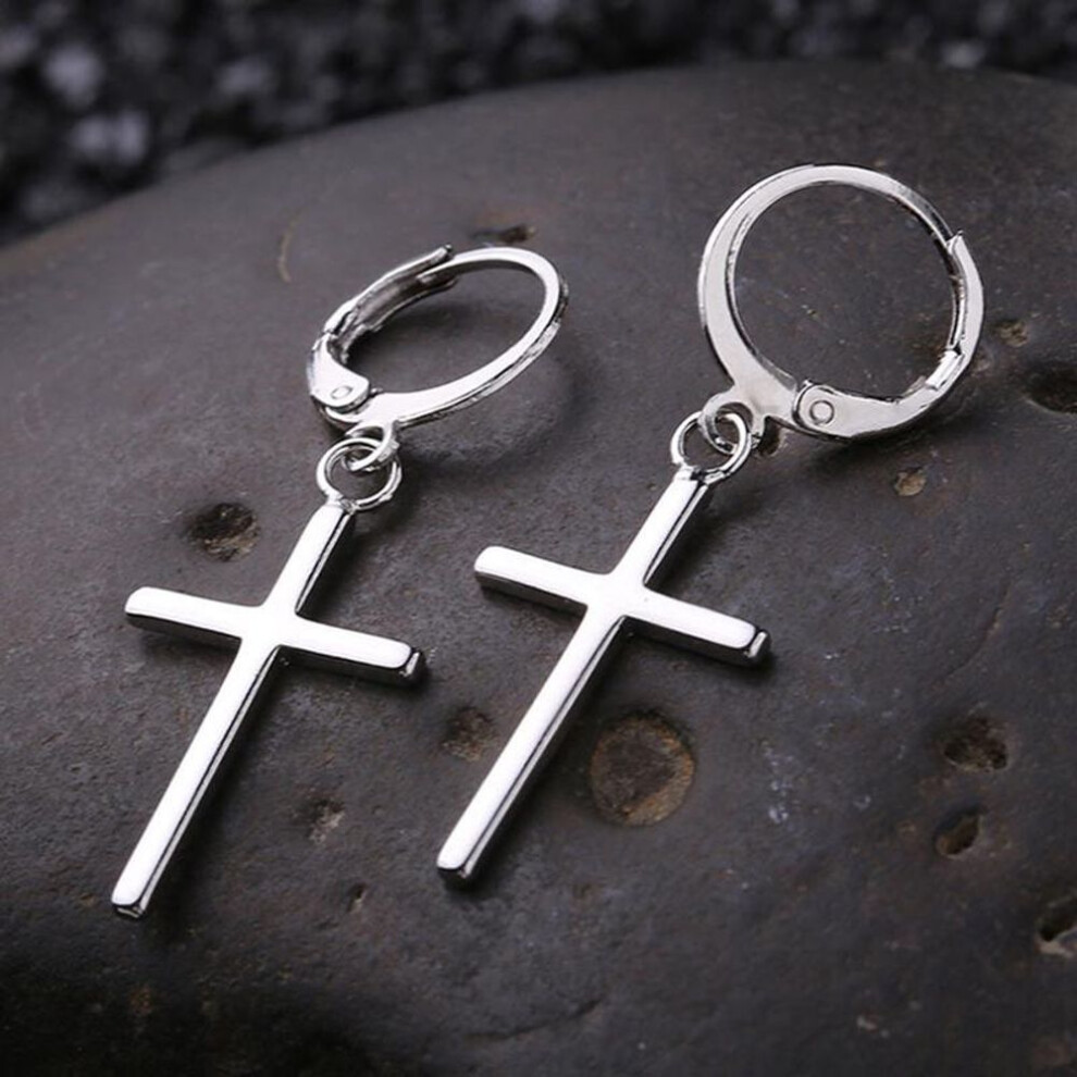 (silver) 2 Pcs Men Women Metal Hoop Cross Drop Dangle Ear Studs Earrings Party  Earring Jewelry Long Earrings