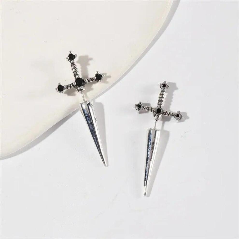 (silver) Gothic Kinitial Sword Earrings Vintage Cool Punk Crystal Ear Jacket Goth Dagger Earrings Jewelry Gift For Women