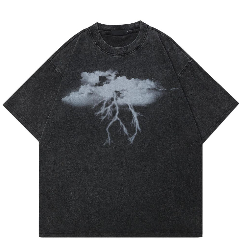 (M, black) 2024 Streetwear Both Sides Lightning Graphic Unisex T-Shirt Cotton Washed Black Tshirt Unisex Tops Tees Summer Short Sleeves T Shirt
