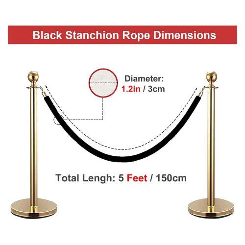 Βελούδινο σχοινί Stanchion 2 συσκευασιών με χρυσούς γάντζους, 5 πόδια μαύρο 2