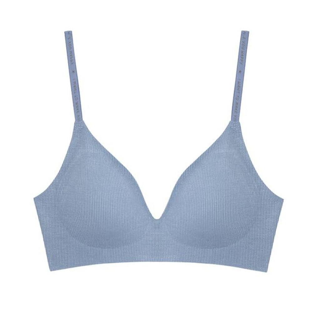 (blue, S) FINETOO Women Wireless Bra Deep V Padded Bralette S-XL Trendy Stripe Knitting Bras Sexy Ladies Brassiere Solid Underwear 6 Color
