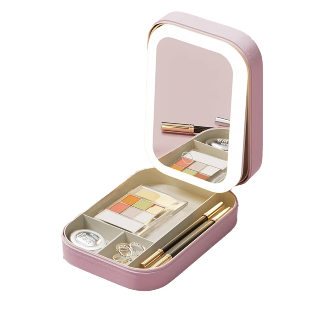 Boîte de Rangement Maquillage avec Miroir LED - Trousse Voyage Portable Grande Capacité, Idéale pour les Accessoires A
