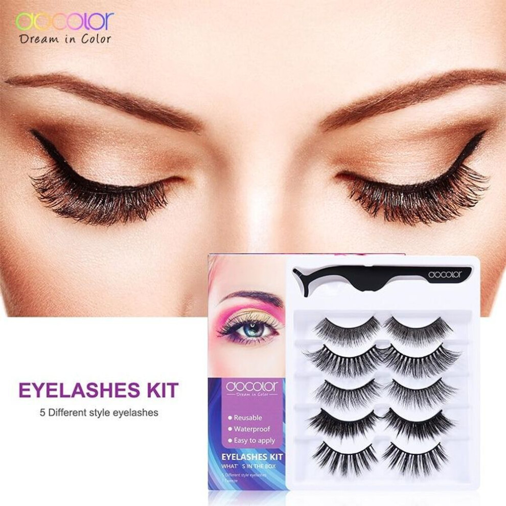 (black) Docolor 5 Pairs 3D Faux Mink Hair False Eyelashes Fluffies Drama Eyelashes Natural Long Soft Handmade Cruelty-free Black Lashes With 1pcs Tweezers