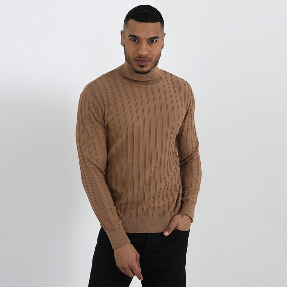 (Brown, Small) Brave Soul Damara Vertical Rib Knit Roll Neck Jumper