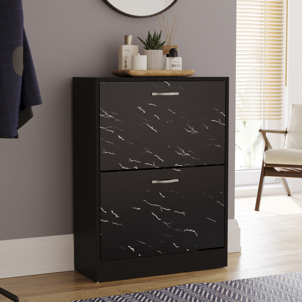 (Black Marble) 2 Drawer Shoe Cabinet Pull Out Hallway Storage