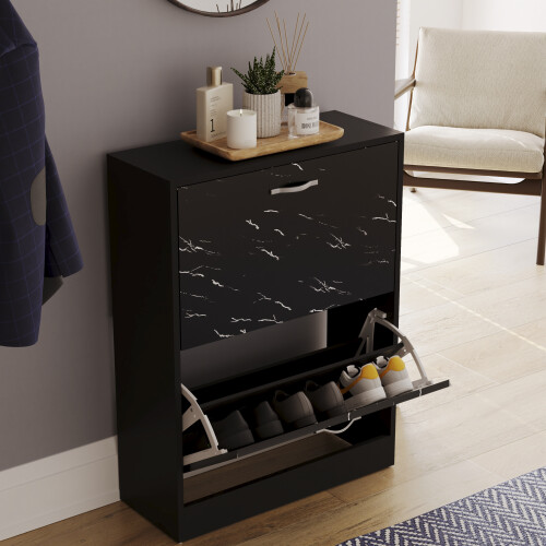 Vida Designs (Black Marble) 2 Drawer Shoe Cabinet Pull Out Hallway Storage 2