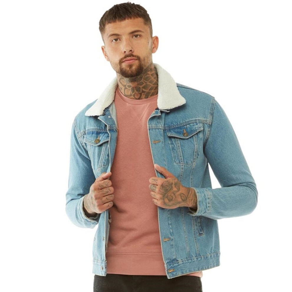 (LIGHT BLUE DENIM/ CREAM BORG, Small) Brave Soul Larson Cream Borg Detachable Collar Denim Jacket
