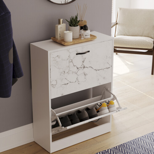Vida Designs (White Marble) 2 Drawer Shoe Cabinet Pull Out Hallway Storage 2