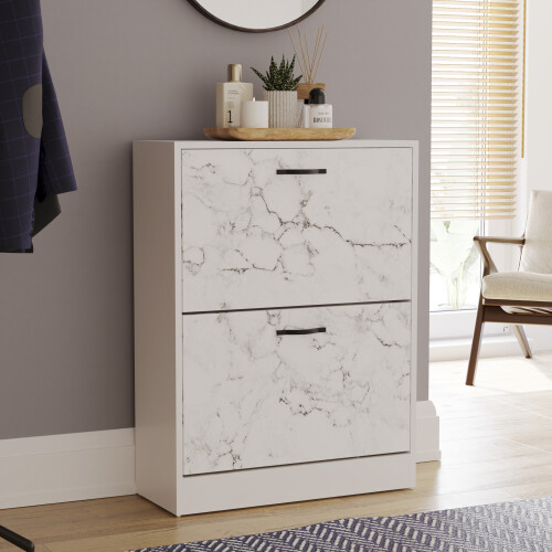 Vida Designs (White Marble) 2 Drawer Shoe Cabinet Pull Out Hallway Storage