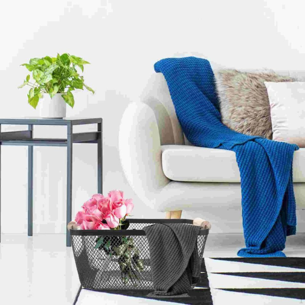 (L 35.5x22.5x15.5cm) Mesh Metal Storage Basket with Wood Handle Container Multipurpose Kitchen Organizer for Bedroom Rust