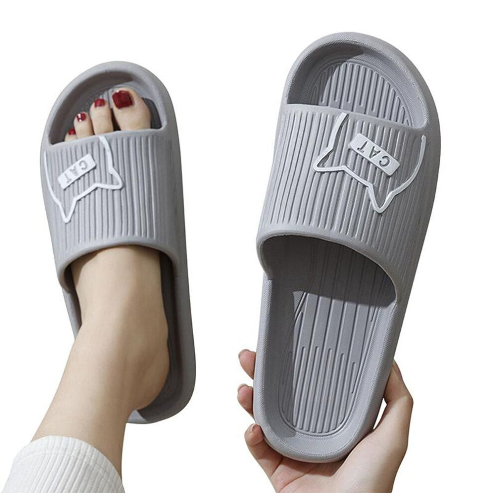 (grey, 40-41) Summer Women Men's Slippers Indoor Bath Thick Platform Non-slip Home Easter Cartoon Flip Flops Cat Beach Sandals Ladies Shoes