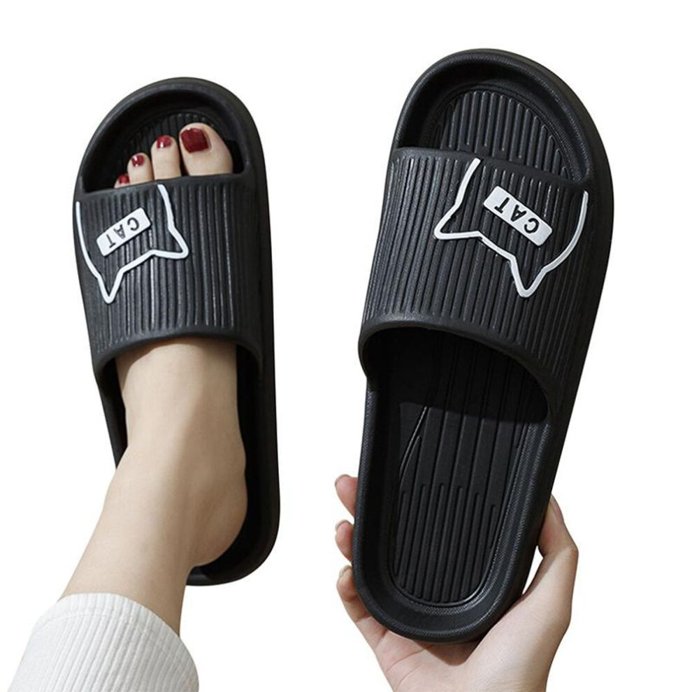 (black, 40-41) Summer Women Men's Slippers Indoor Bath Thick Platform Non-slip Home Easter Cartoon Flip Flops Cat Beach Sandals Ladies Shoes