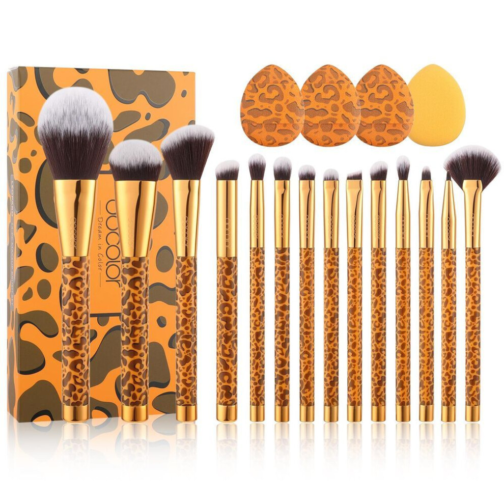 DUcare Makeup Brushes Leopard 14 Pcs Make up Brushes Set with 4pcs Puff Sponge Premium Synthetic Kabuki Foundation Powder Blush Concealers Eyeshadows