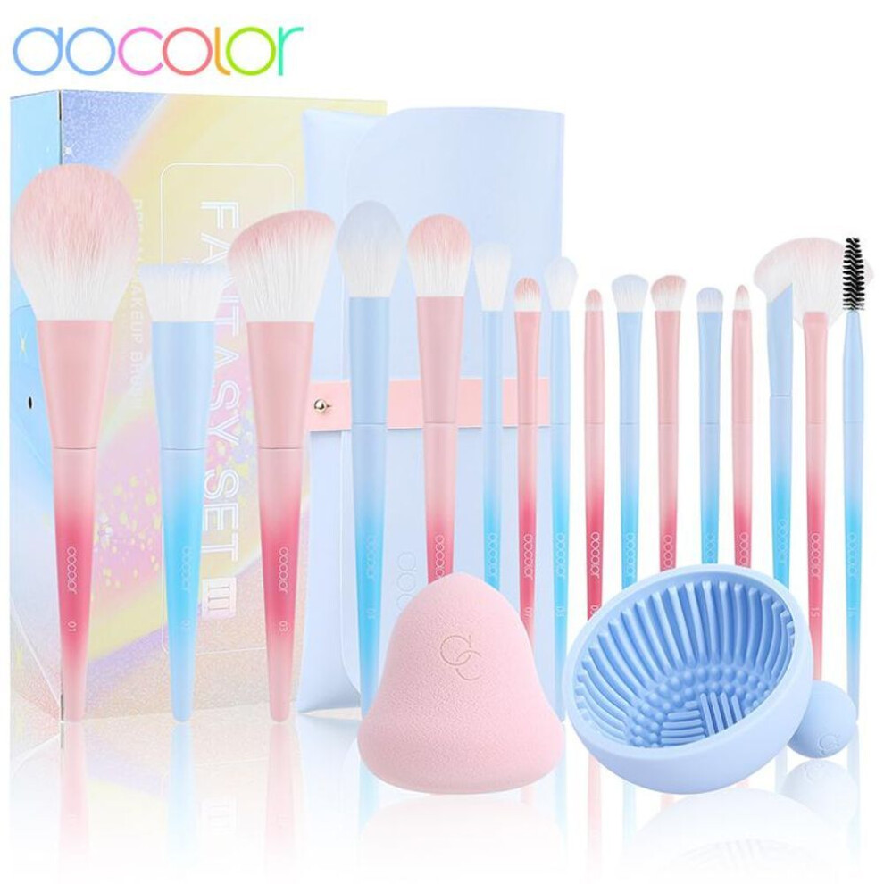 Docolor Makeup Brushes Set 16pcs + Sponge + Cleaning Pad, Premium Synthetic Foundation Powder Concealers Eye Shadows Makeup Brush , With  Bag