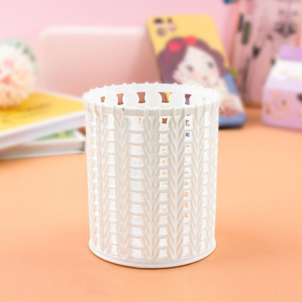 (beige) Creative Rattan Plastic Pen Holder Hollow Boxes Student Desktop Office Stationery Bucket Pencil