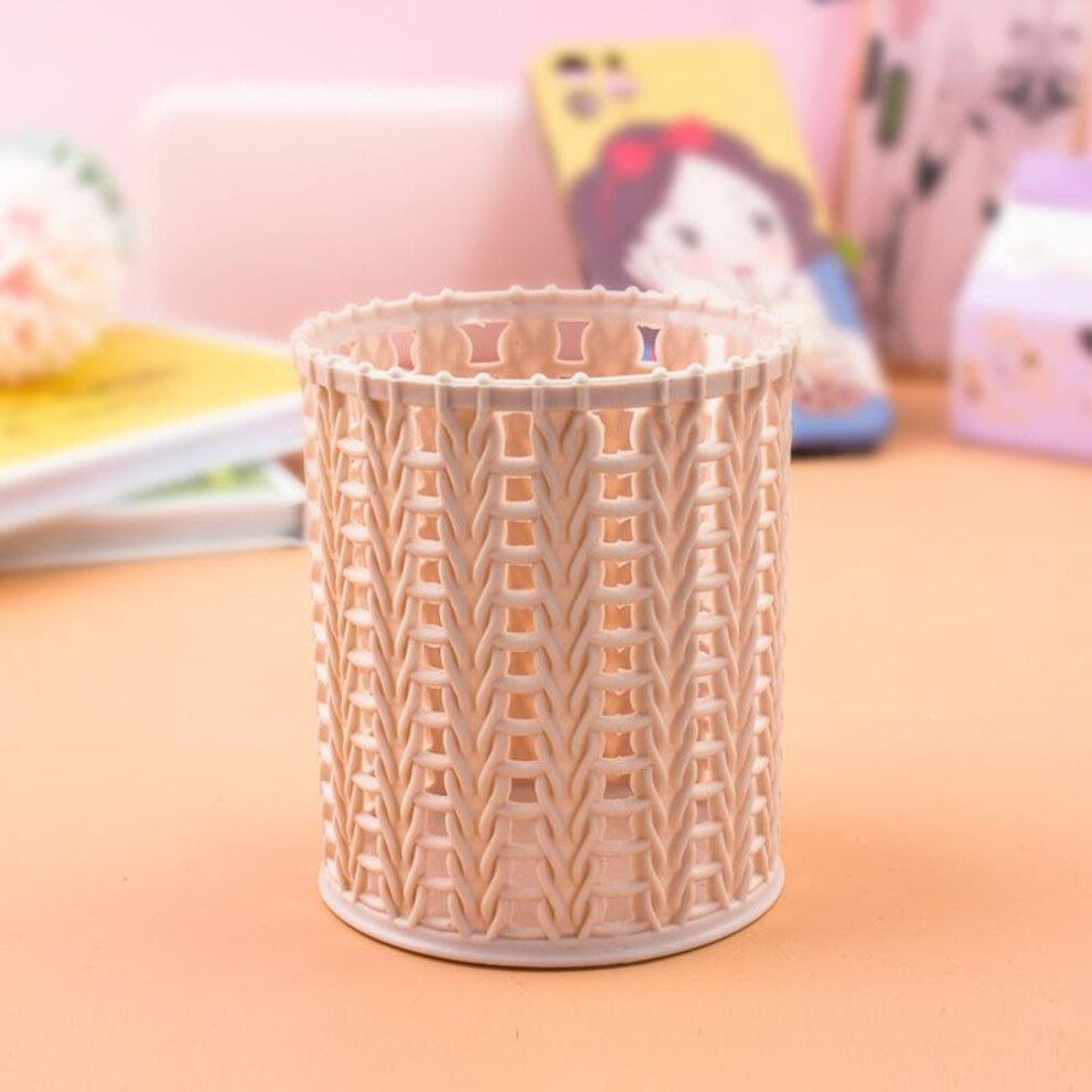 (pink) Creative Rattan Plastic Pen Holder Hollow Boxes Student Desktop Office Stationery Bucket Pencil