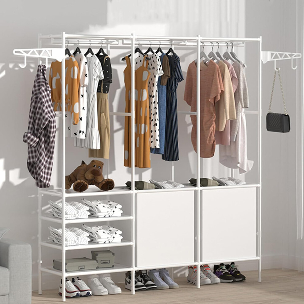 (White-3) Clothes Rail Rack Closet Rails Heavy Duty Clothing Rail Wardrobe for  Metal Hanging Garment Coat Rack Folding with canvas Shelving (White) (White-3)