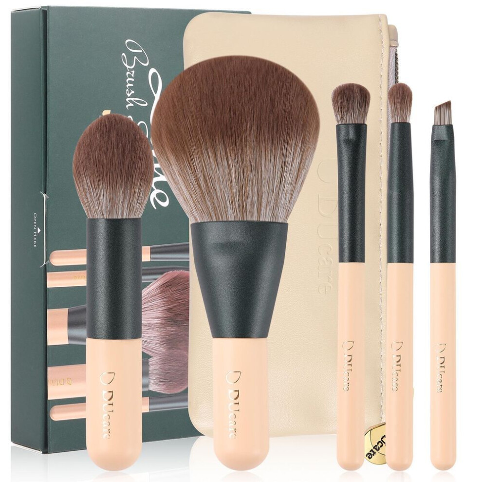 (green) Ducare 5pcs Travel Makeup Brushes Set With Bag, Portable Mini Cosmetic Brushes Kit For Powder,blush,foundation, Eyeshadow Buffing Brush