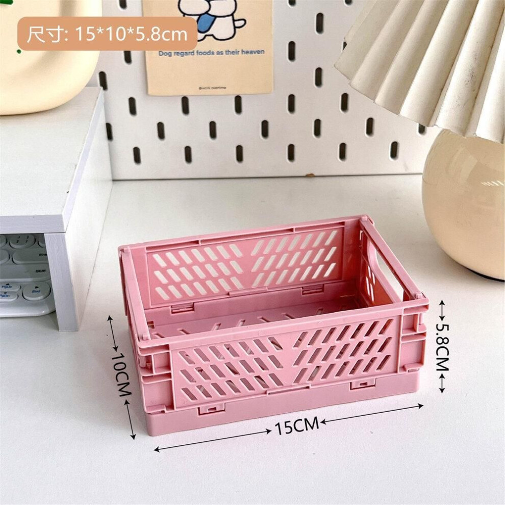 (pink) Plastic Folding Storage Box Collapsible Crate Desktop Holder Stationery Makeup Sundries Storage Basket Home Storage Organization