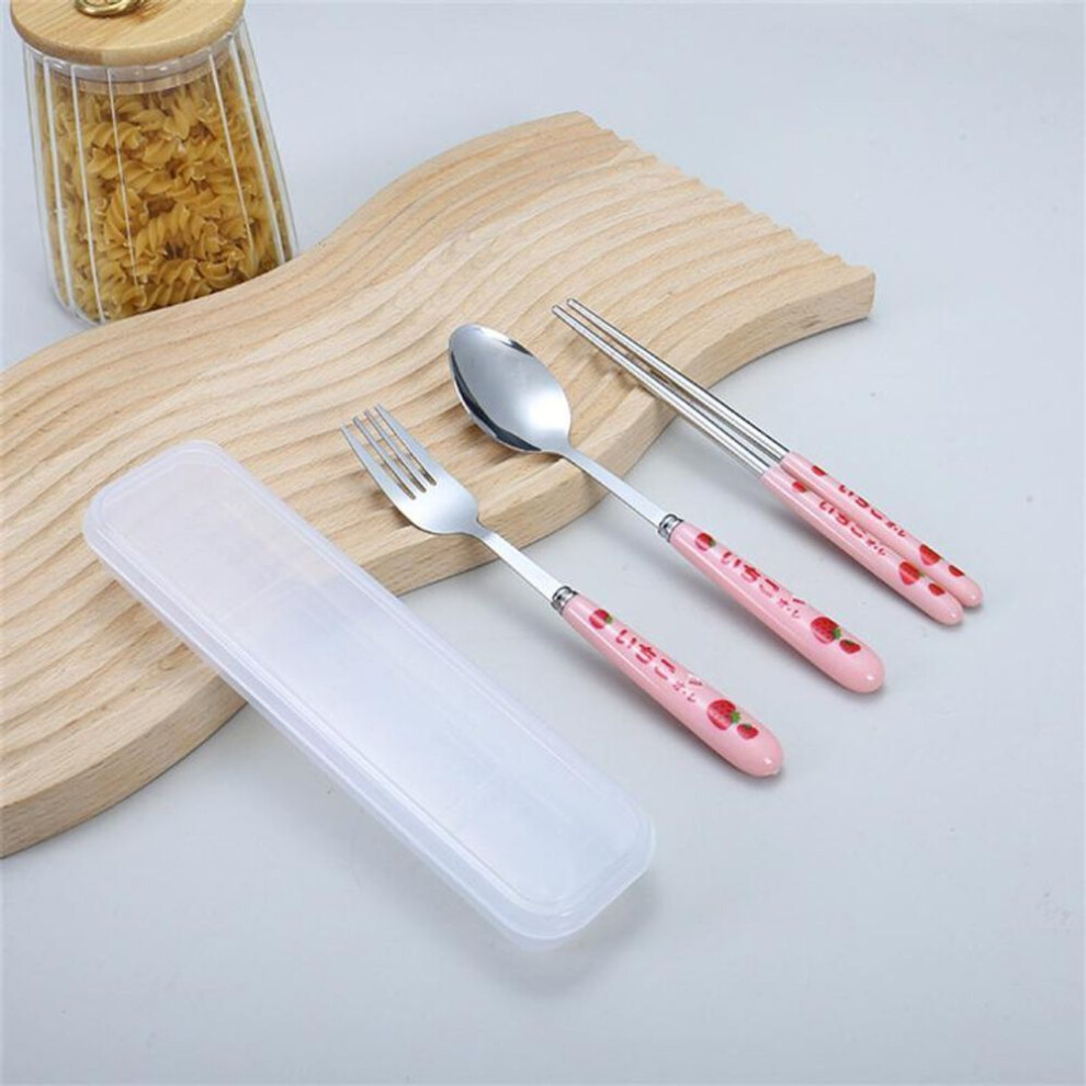 (as the picture) Tableware Set Stainless Steel Chopsticks Spoon Strawberry Fork Portable Three Piece Set Durable Girl Cute Gift