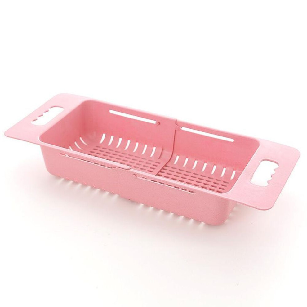 (pink) Adjustable Dish Drainer Sink Drain Basket Washing Vegetable Fruit Plastic Drying Rack Kitchen Access