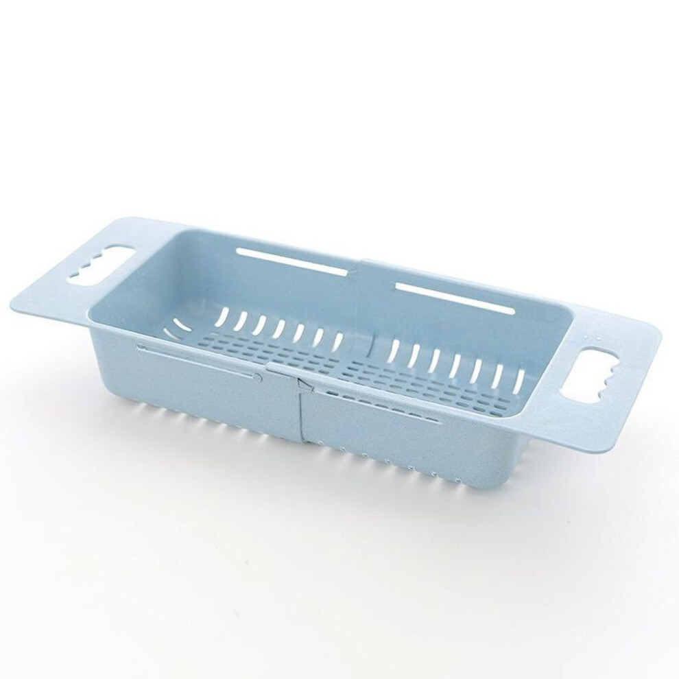 (blue) Adjustable Dish Drainer Sink Drain Basket Washing Vegetable Fruit Plastic Drying Rack Kitchen Access